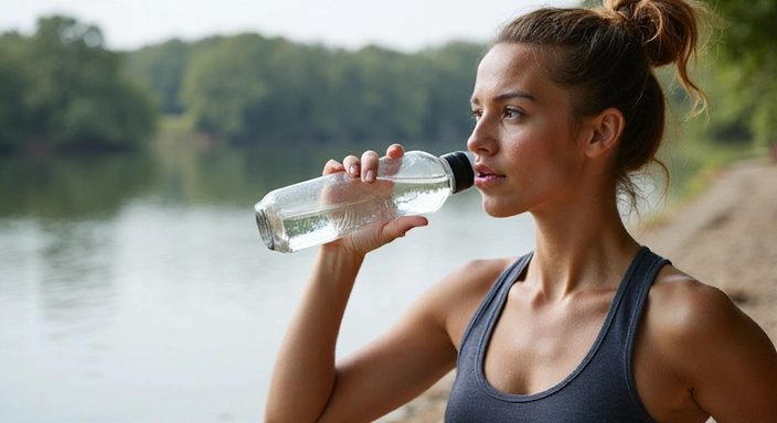 Ένα άτομο να πίνει νερό από ένα μπουκάλι μετά από άσκηση, τονίζοντας τη σημασία της ενυδάτωσης.