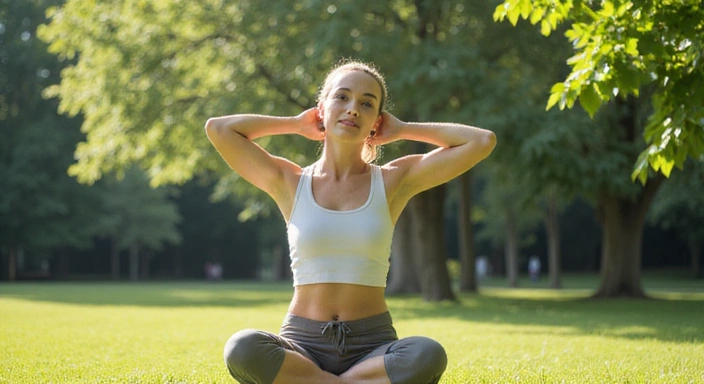 Μια γυναίκα να ασκείται σε εξωτερικό χώρο, κάνοντας γιόγκα ή διατάσεις, με φόντο ένα καταπράσινο πάρκο.
